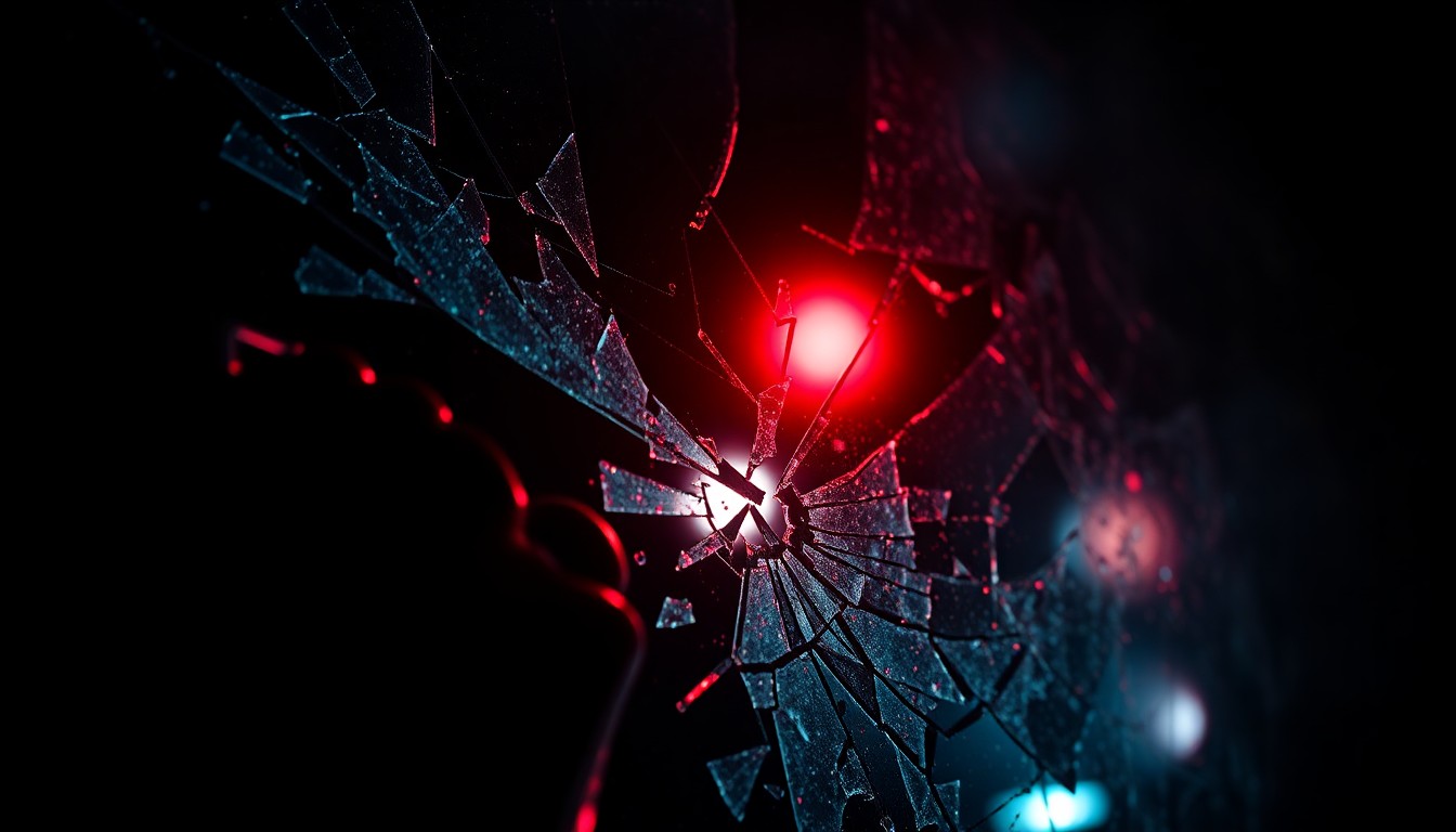 An extreme close-up of shattered car window glass reflecting a faint red light, conveying the aftermath of a fatal single-car crash.