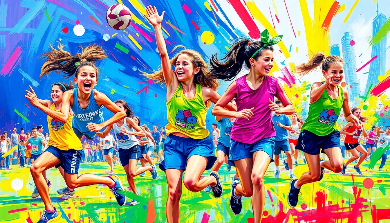 A vibrant, colorful painting with rapid, expressive brushstrokes depicting young girls engaged in various sports and wellness activities, capturing the raw energy and movement of the Boston festival.