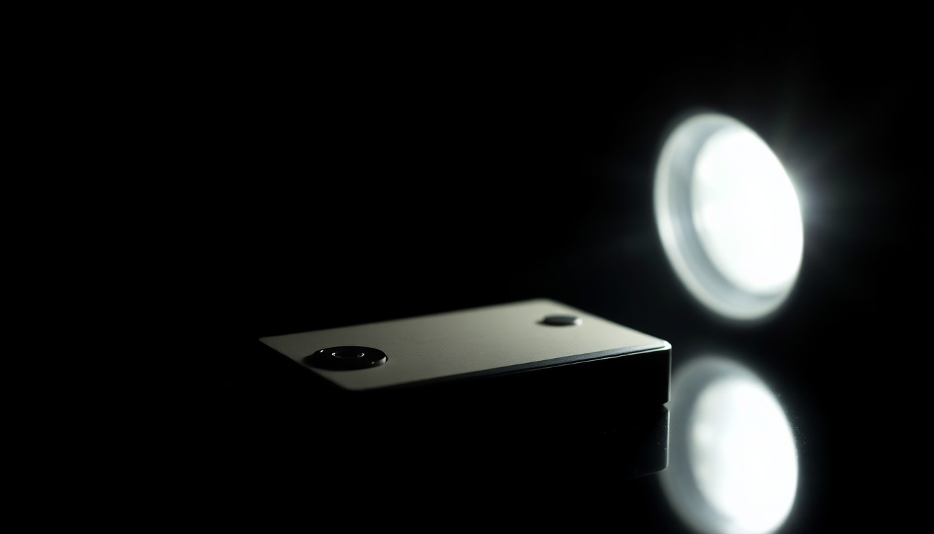 An extreme close-up photograph of a police evidence marker or crime scene object, such as a proximity card reader, lit by a harsh, direct camera flash against a pitch-black background, conceptually representing the disputed evidence in this case.