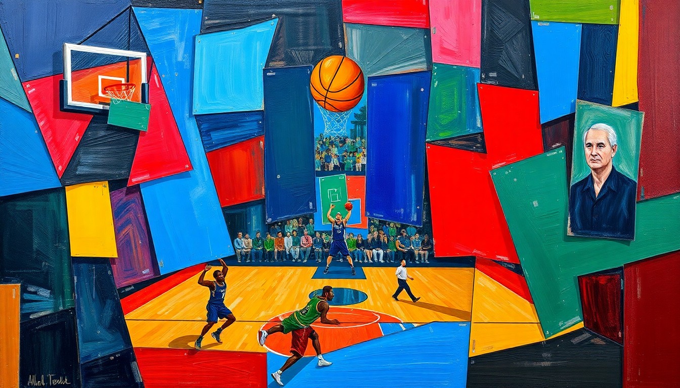 A cubist, geometric painting depicting a basketball game or match, with sharp, overlapping planes of color in deep blues, vibrant reds, and earthy greens, conveying the dynamic energy and tension of the sport.