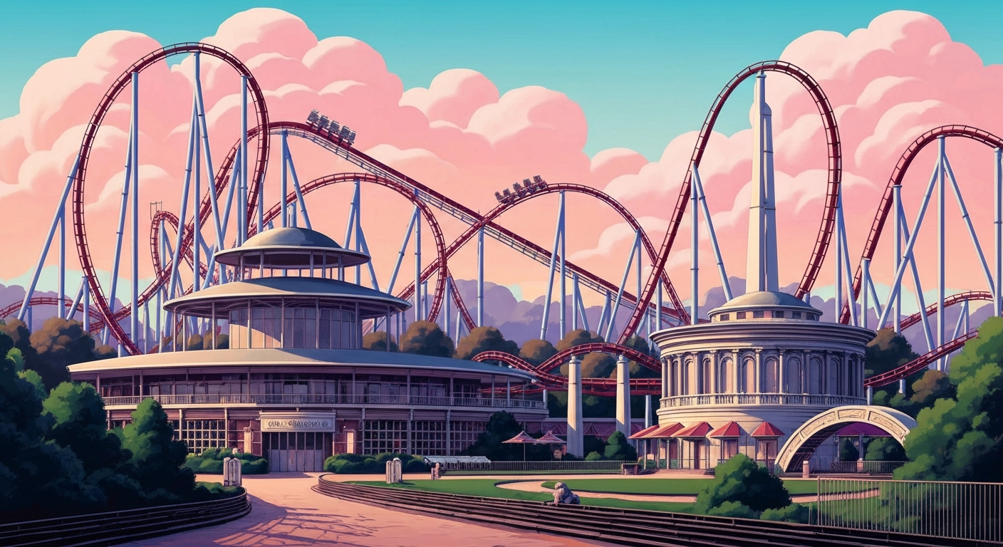 A bold, geometric illustration in the Art Deco style depicting the towering, streamlined forms of roller coasters and architecture at the Six Flags Great America theme park, capturing the grand scale and thrilling energy of the Midwest's largest amusement park.