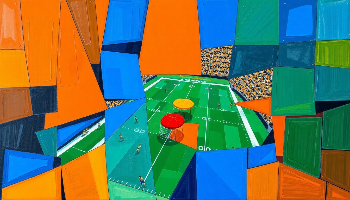 A cubist, geometric painting depicting fragmented football players, draft prospects, and team logos, conveying the complex and shifting dynamics of the upcoming NFL Draft.