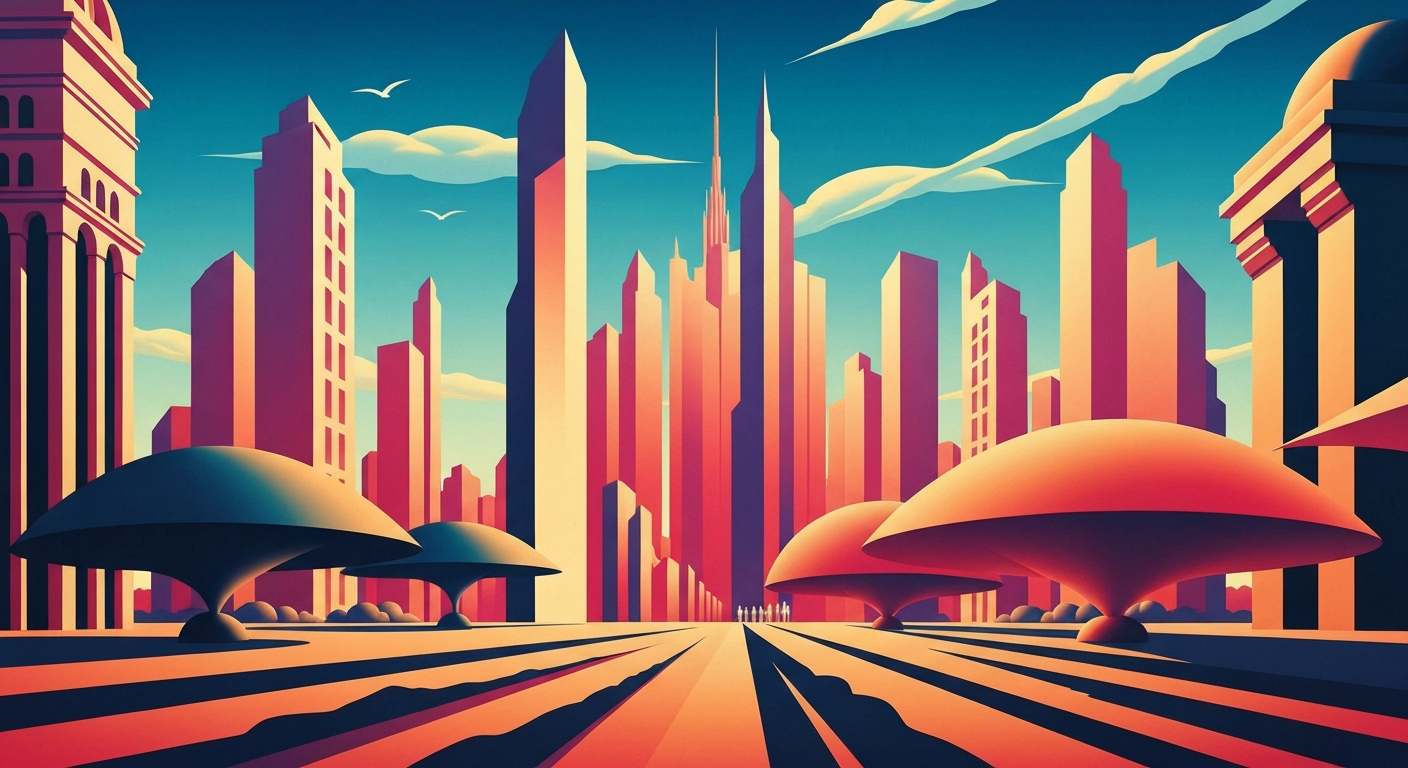 A bold, geometric illustration in shades of blue and purple, depicting a sweeping, streamlined landscape with towering architectural forms, capturing the grand scale and romance of travel.