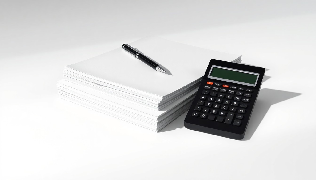 A minimalist studio still life photograph featuring a stack of business documents, a pen, and a calculator arranged elegantly on a clean, white background, conceptually representing Revolve Fund's work in impact investing and affordable capital access.