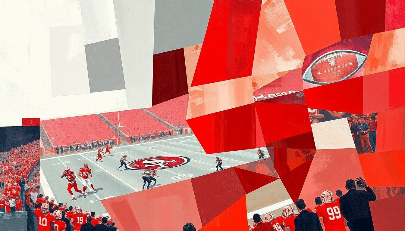 A cubist-style painting featuring overlapping geometric shapes and planes in shades of scarlet and gray, capturing the energy and movement of a football game.