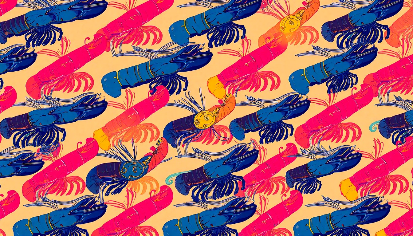 A brightly colored, high-contrast silkscreen print of a single, iconic crawfish repeated in a tight grid pattern, conceptually representing the unexpected popularity of a crawfish-flavored ice cream.