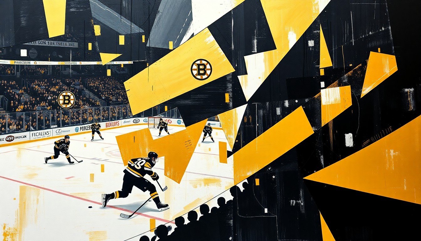 A cubist, geometric painting depicting a Bruins hockey game, with sharp, overlapping planes of black, gold, and white representing the dynamic action on the ice.