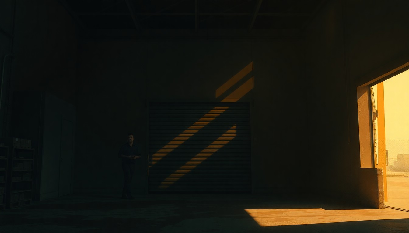 A dimly lit, cinematic painting of a lone military depot worker in a maintenance bay, the scene bathed in warm, diagonal sunlight and deep shadows, conceptually representing the effort to improve hiring and staffing at these critical facilities.