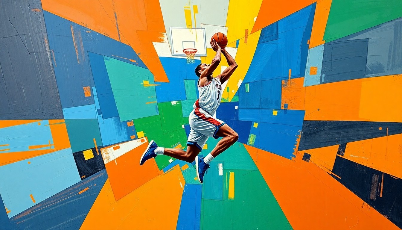 A fragmented, geometric painting depicting the overlapping motions of a basketball player, rendered in bold, clashing colors that create a sense of kinetic energy and athleticism.