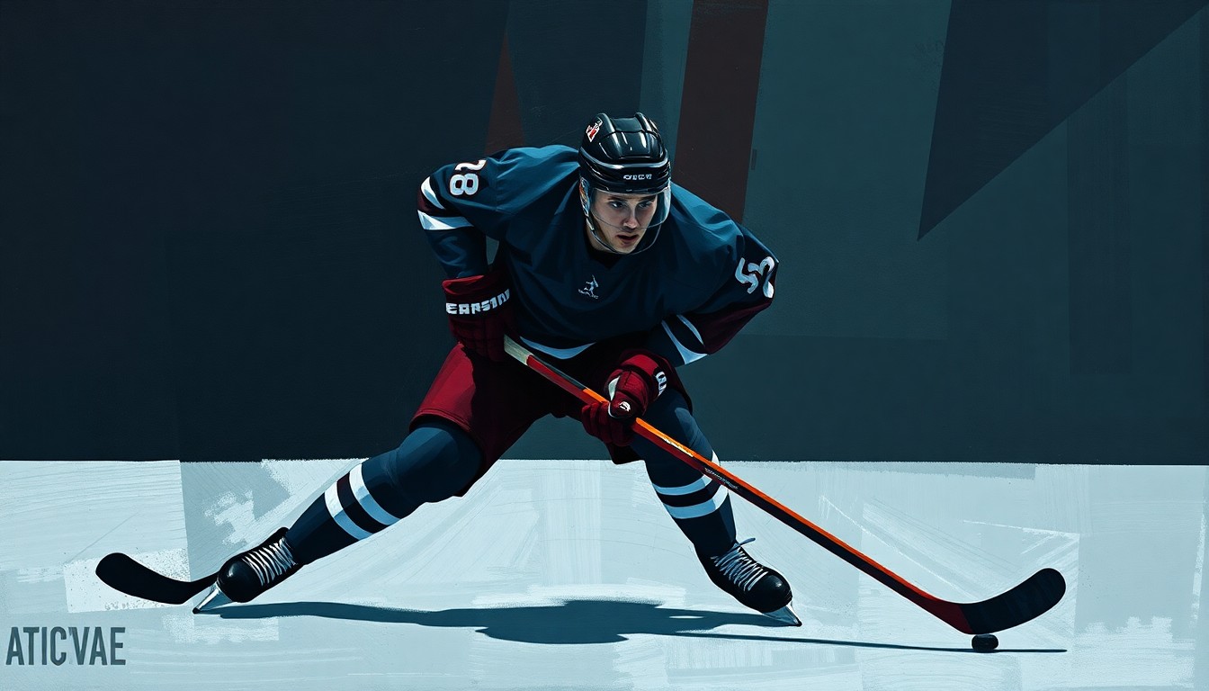 A fragmented, geometric painting depicting the angular movements and collisions of a hockey defenseman, rendered in a cubist style with muted tones of navy, maroon, and forest green.