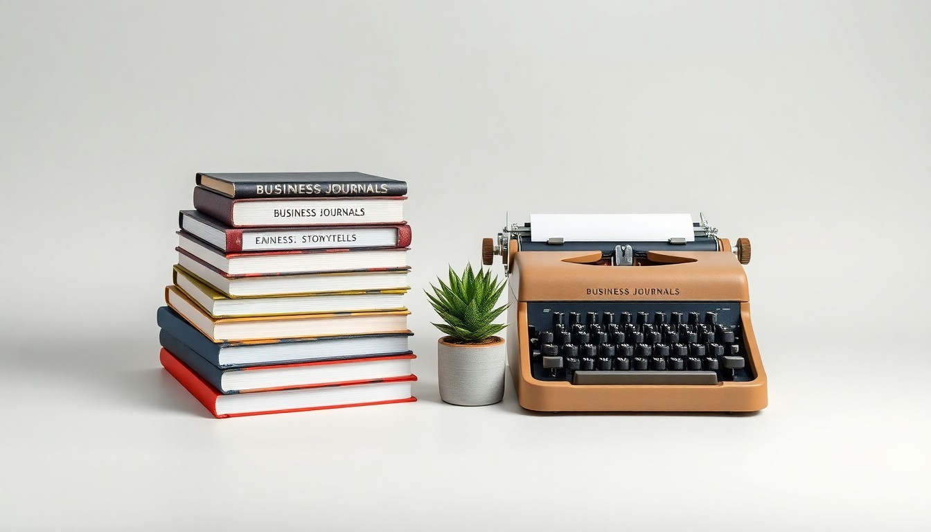 A minimalist studio still life featuring a stack of hardcover business journals, a vintage typewriter, and a small potted succulent plant, symbolizing the timeless nature of business storytelling and the enduring impact of online publishing.