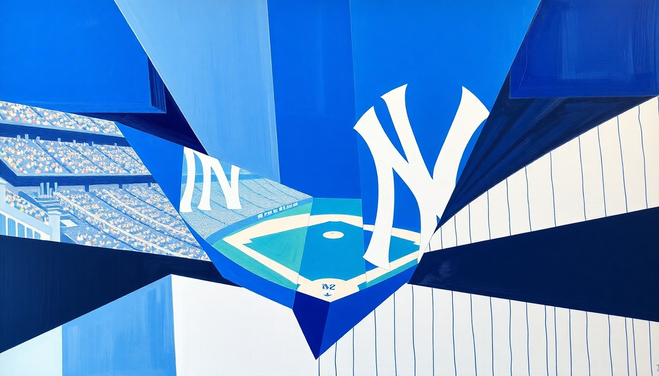 A fragmented, geometric painting depicting a baseball game scene, with sharp planes of blue, white, and navy colors representing the players, field, and umpires, conceptually illustrating the tension and conflict of the manager's ejection.