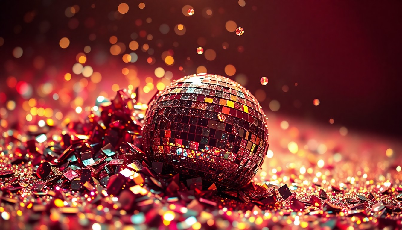 An abstract close-up image of shimmering sequins and shattered glass, capturing the high-energy glamour of a music festival performance.
