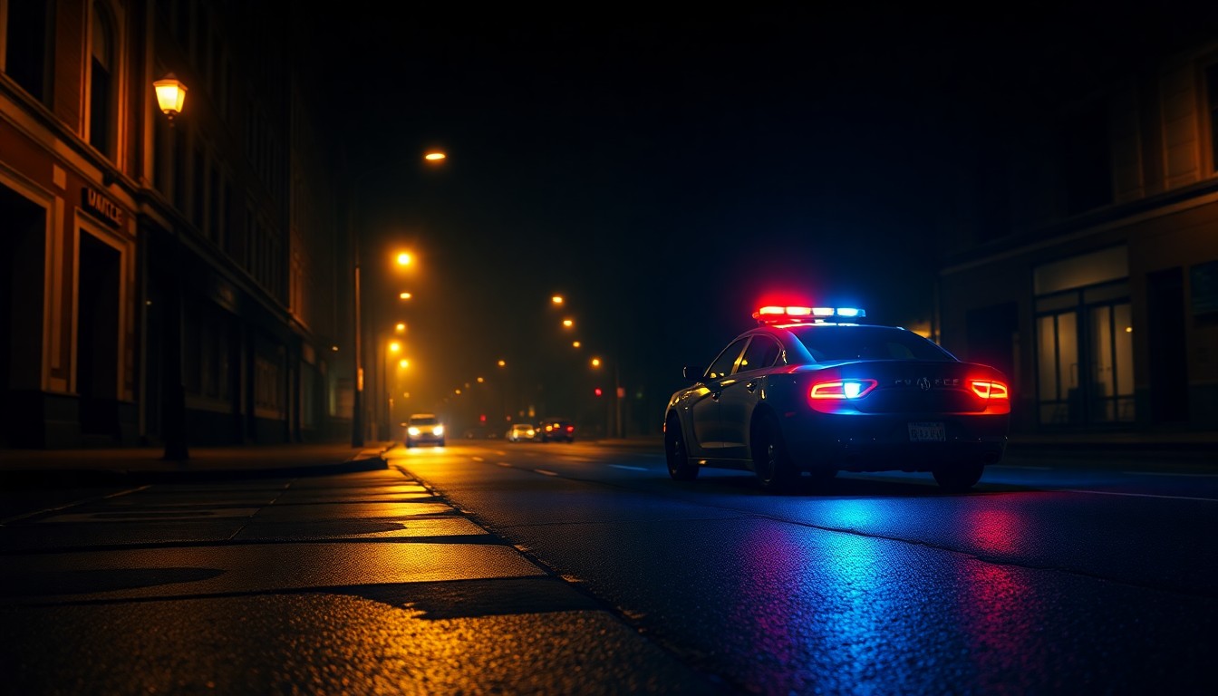 A cinematic painting of a solitary police car parked on a dimly lit city street at night, the red and blue lights reflecting off the wet pavement, capturing a sense of quiet contemplation about the role of law enforcement.