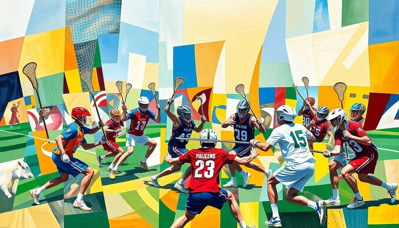 A cubist-style painting featuring sharp, overlapping geometric shapes in the team colors, capturing the dynamic movement and intensity of a lacrosse game.