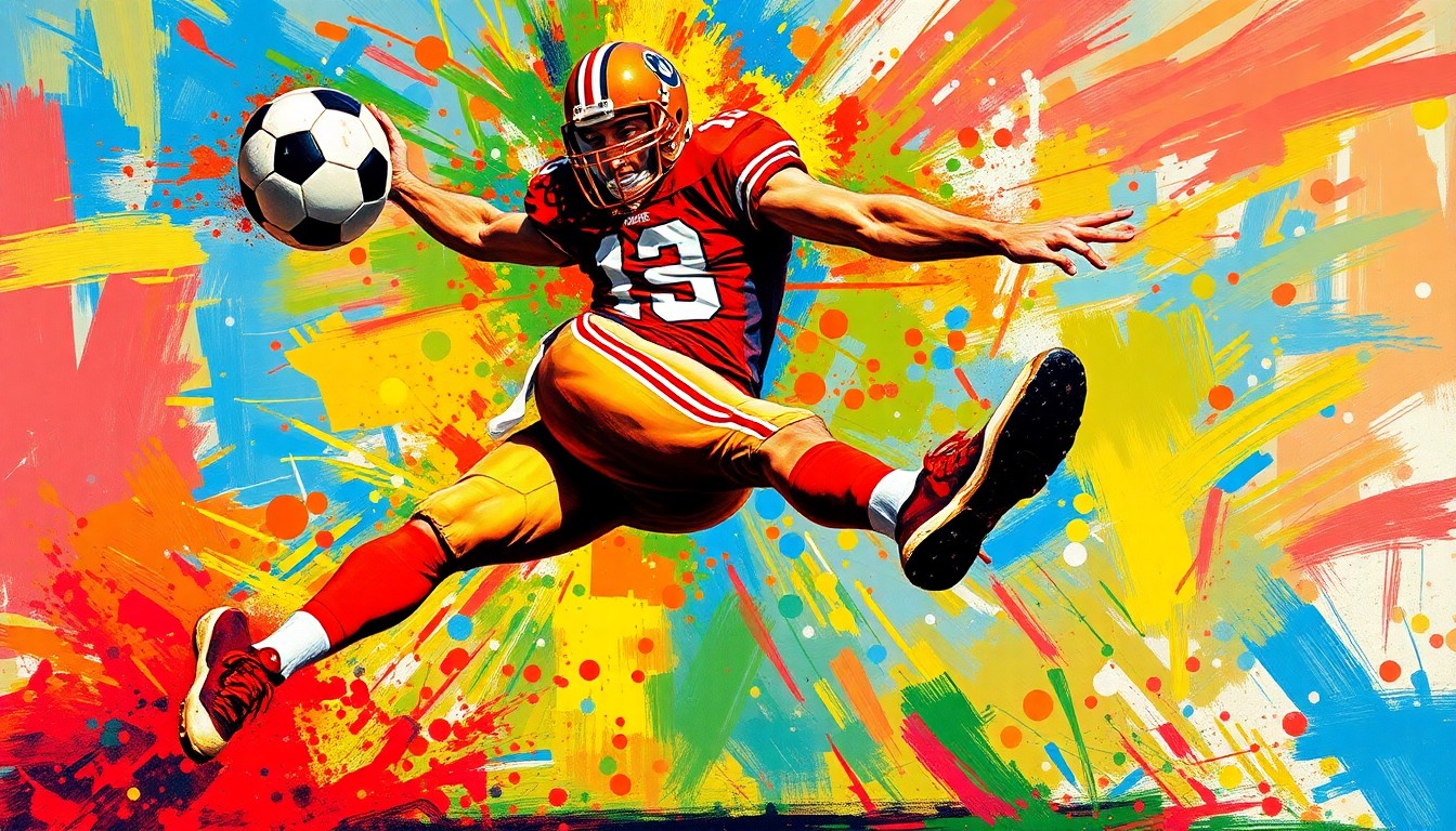 An extreme close-up of a football player's leg in mid-kick, with vibrant neon paint splatters capturing the raw energy and motion of the powerful kick. The player's face and uniform are dissolved into abstract shapes, focusing the viewer's attention on the dynamic leg movement and the ball's trajectory.