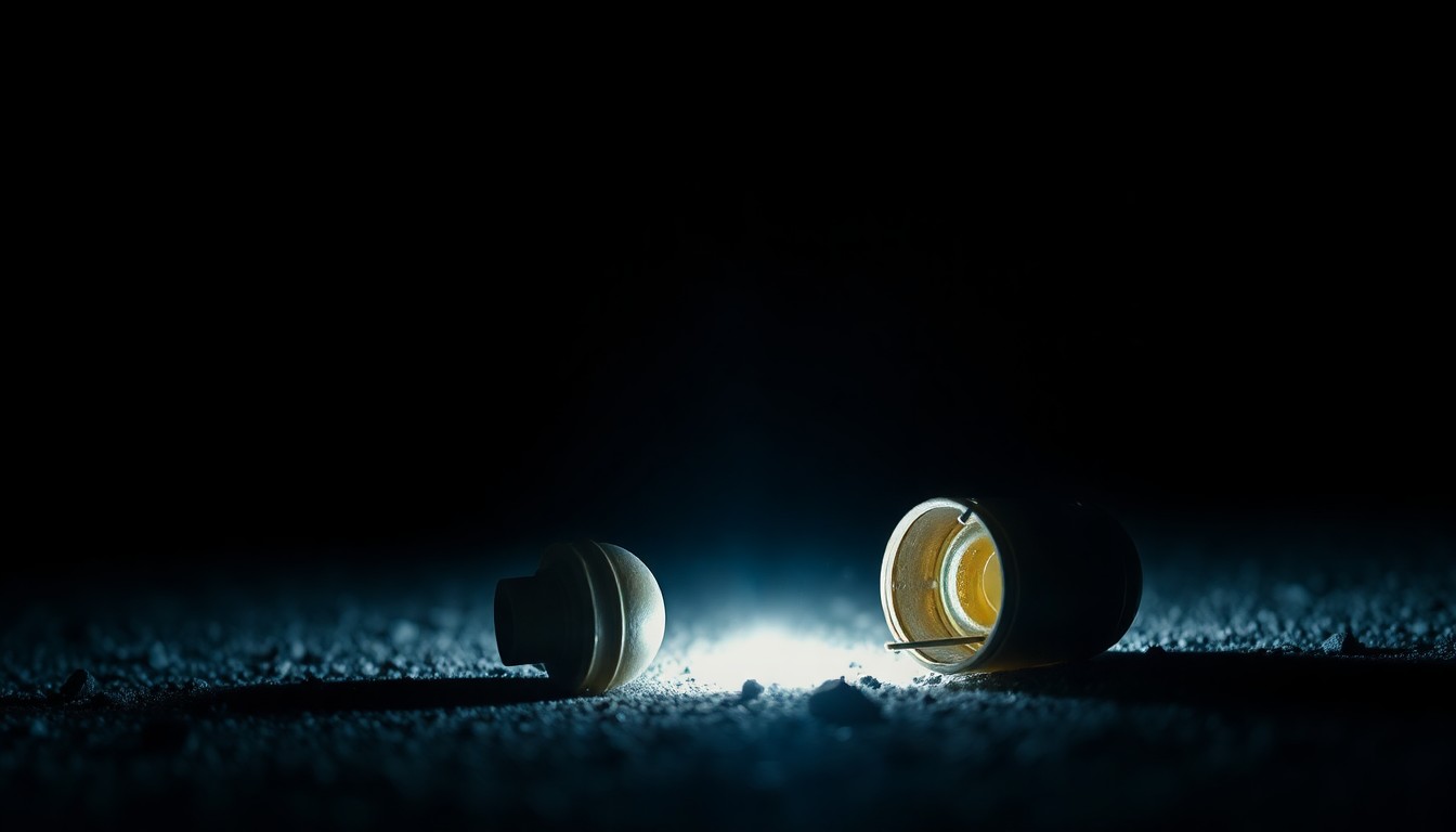 An extreme close-up of a spent shell casing on the ground, reflecting the harsh lighting and creating a stark, gritty visual that conceptually represents the investigation into a violent crime.