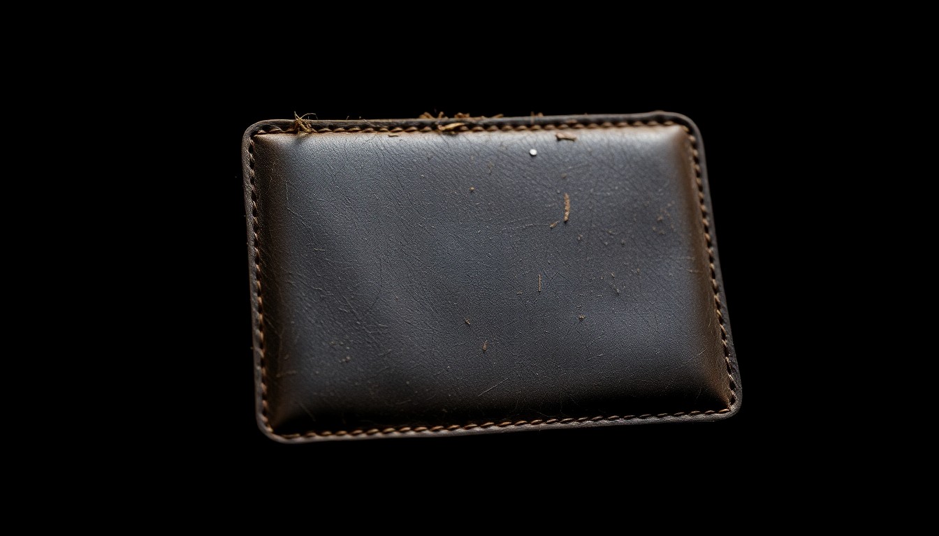 An extreme close-up photograph of a worn, weathered wallet or purse against a pitch-black background, lit by a harsh camera flash, conceptually representing the disappearance of an elderly resident.