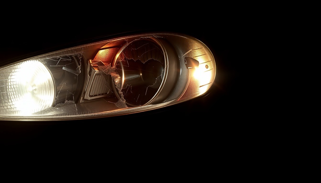 An extreme close-up photograph of a damaged car part, such as a shattered headlight or crumpled fender, lit by a harsh, direct camera flash against a pitch-black background, conceptually illustrating the aftermath of a tragic car crash.