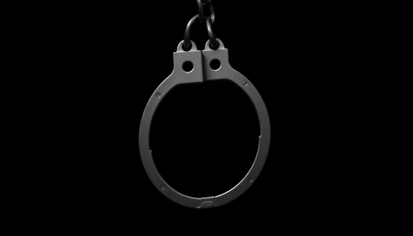 An extreme close-up photograph of a pair of handcuffs against a stark, black background, the metal reflecting the harsh light of the camera flash, conveying a sense of gritty investigation and consequences.