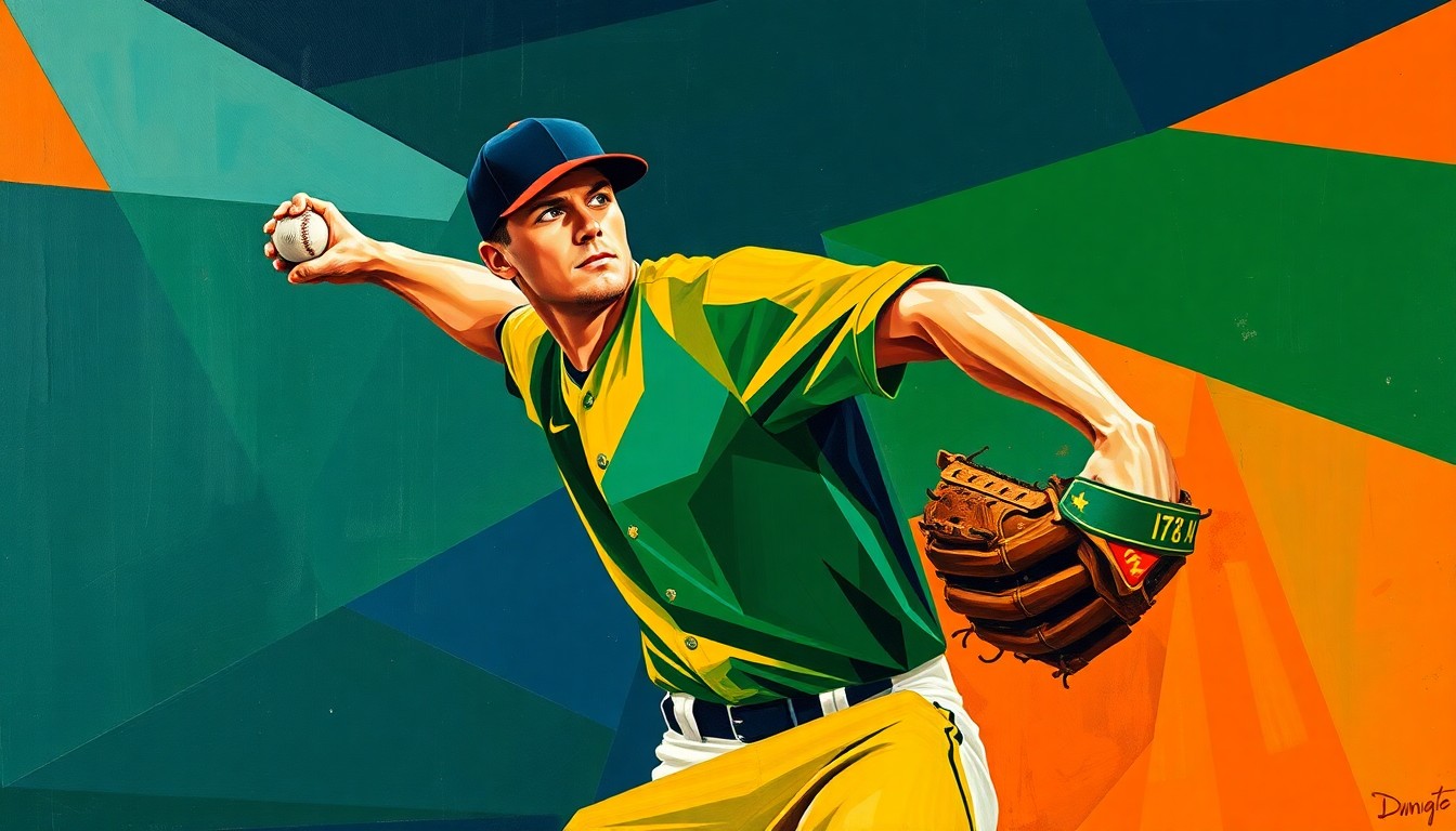 A cubist, geometric painting depicting the fractured motion of a baseball pitcher throwing a pitch, with sharp planes of navy, green, and orange colors.