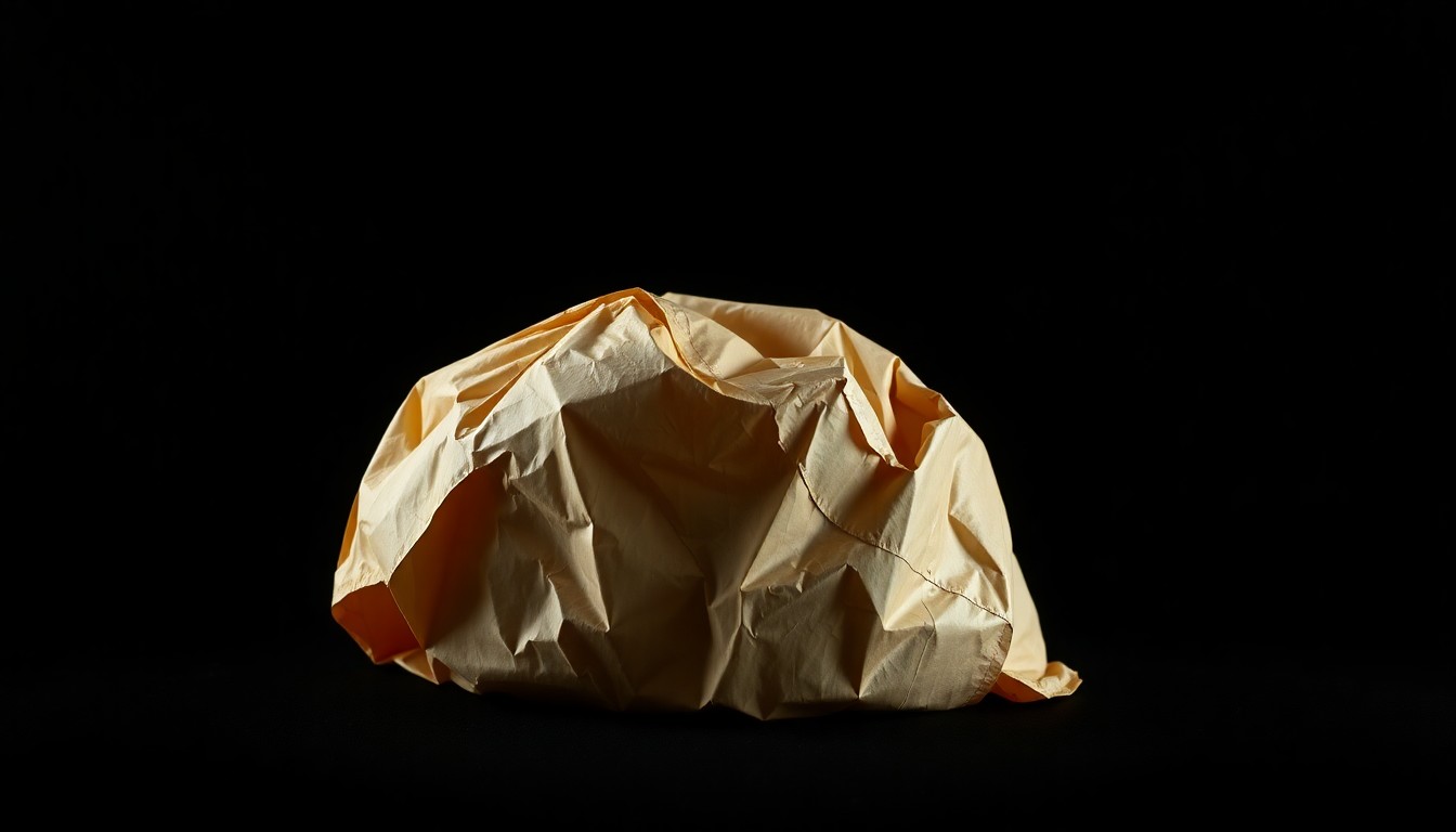 An extreme close-up photograph of a crumpled, discarded food delivery bag against a pitch-black background, lit by a harsh, direct camera flash. The gritty, stark image conceptually represents the violation of trust and safety in a food delivery service.