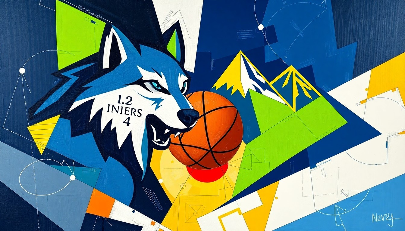 A fractured, multi-perspective painting depicting a basketball game between the Minnesota Timberwolves and Denver Nuggets, with the players and court broken down into sharp, overlapping geometric shapes and planes in a vibrant color palette.