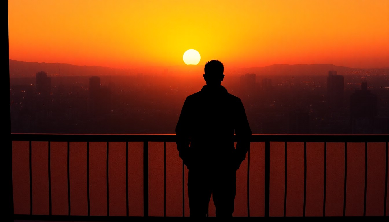 A solitary figure stands alone on a balcony overlooking a dimly lit city skyline, the warm sunset casting a golden glow over the scene and evoking a sense of melancholy and introspection.