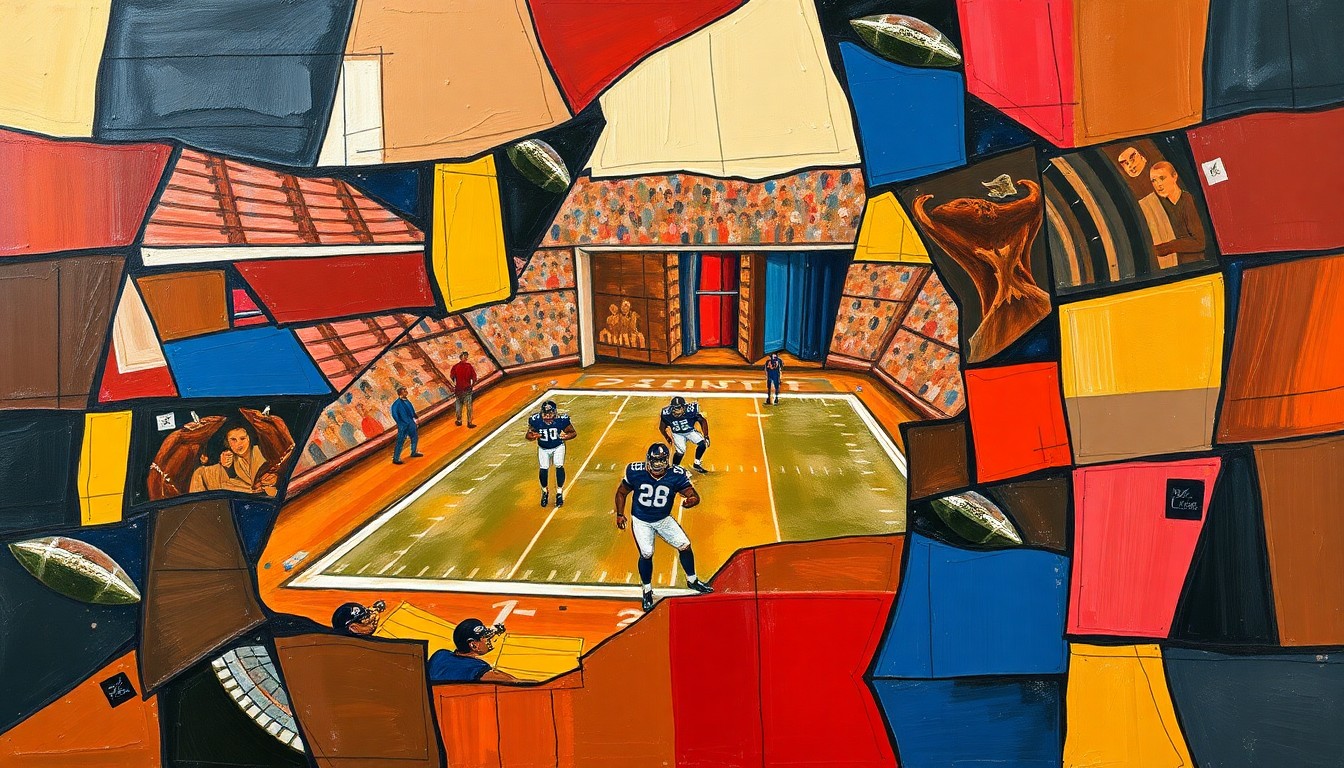 A fragmented, geometric painting in earthy tones depicting overlapping football players and draft prospects, conveying the complex quarterback situations and roster decisions facing the Browns and Dolphins.