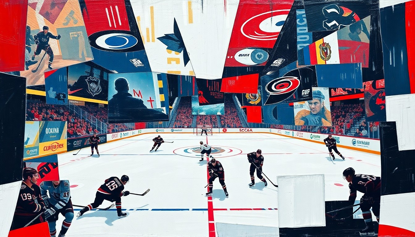 A cubist-style painting depicting a hockey game, with the players and action broken down into sharp, overlapping geometric shapes and planes, conveying the dynamic and high-stakes nature of the playoff matchup.