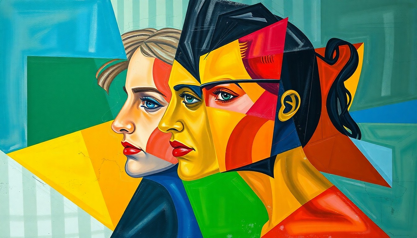 A cubist, geometric painting in vibrant colors depicting the fragmented, multi-faceted debate over gender testing policies in sports competitions.