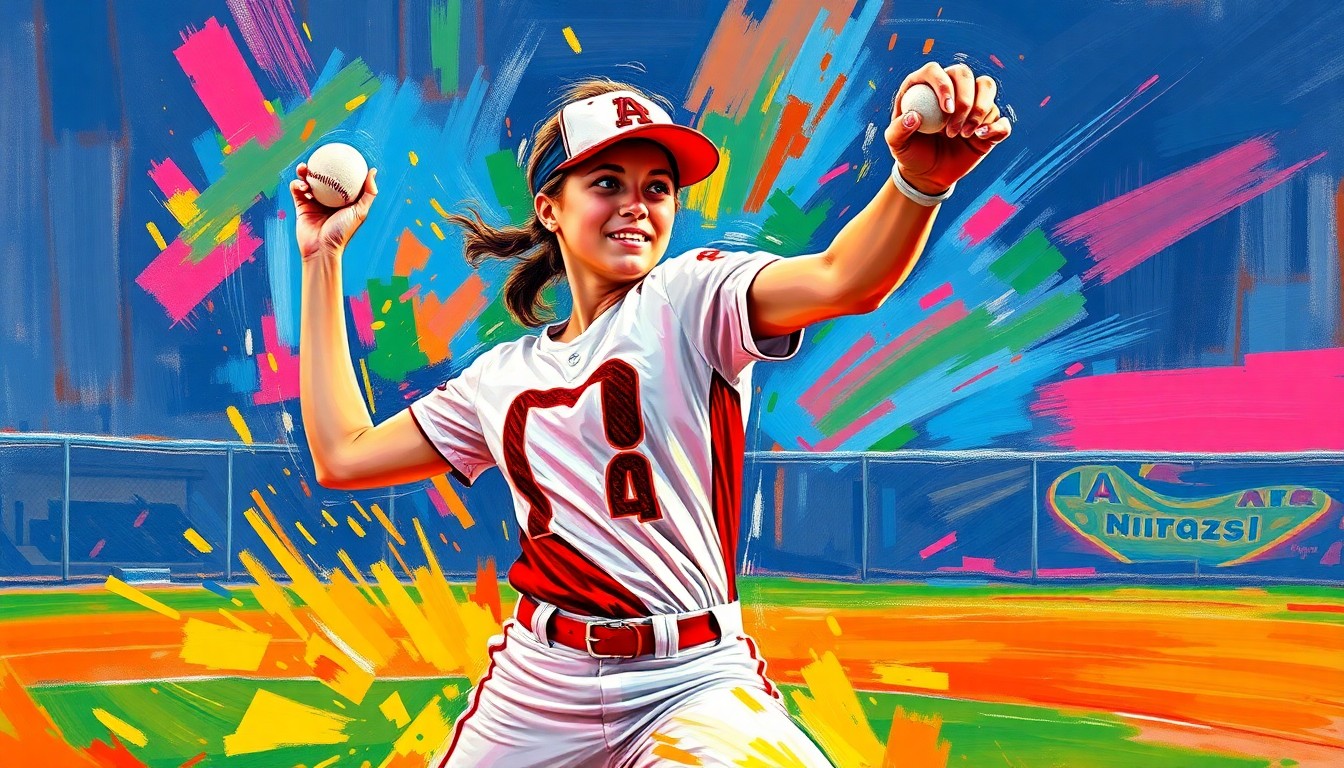 An abstract, energetic painting in neon colors depicting the dynamic motion and confident presence of a high school softball pitcher on the mound.