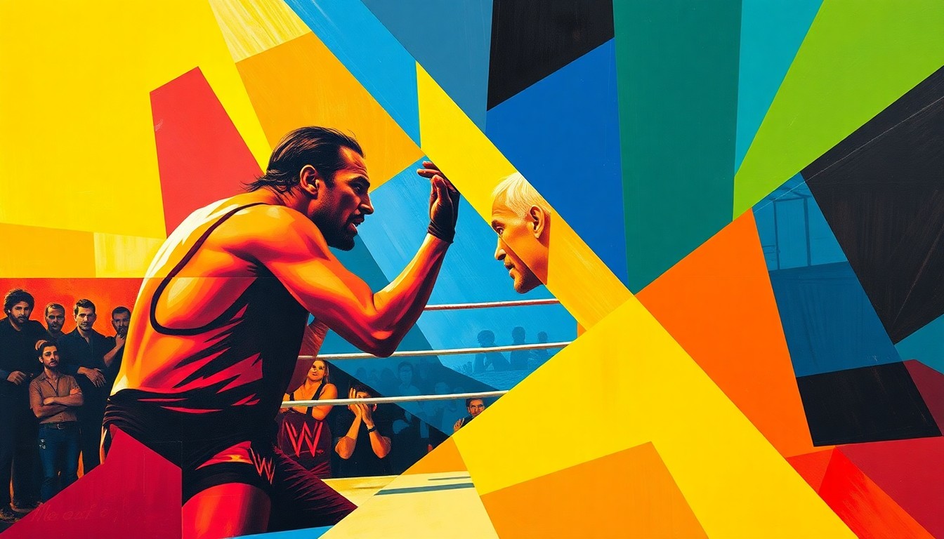 A fragmented, abstract painting featuring sharp, overlapping geometric shapes in bold primary colors, representing the chaotic action and drama of a professional wrestling match.