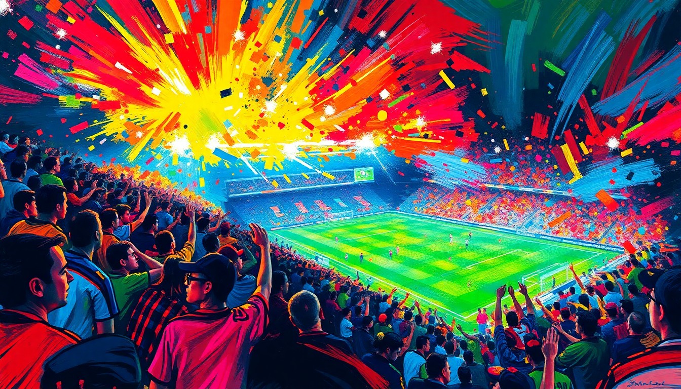 An abstract, expressionist painting in vibrant neon colors, capturing the energy and excitement of fans attending a World Cup match, with blurred figures and movement.