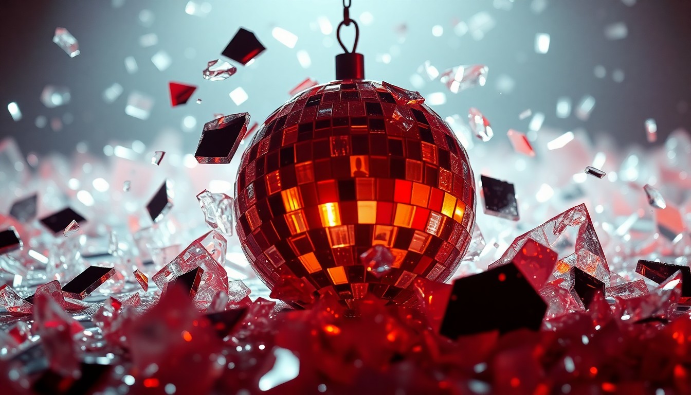 An abstract close-up photograph of shattered, glittering glass fragments in high-contrast studio lighting, conveying the emotional intensity and glamour of Lily Allen's personal breakup album performance.