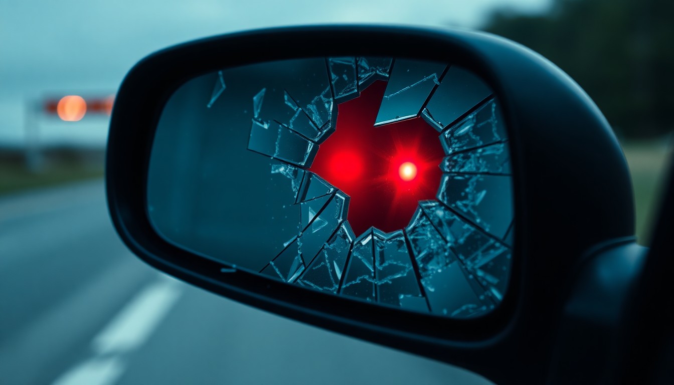 An extreme close-up photograph of a shattered car side mirror lens reflecting a faint red light, conceptually representing the aftermath of a fatal pedestrian accident.