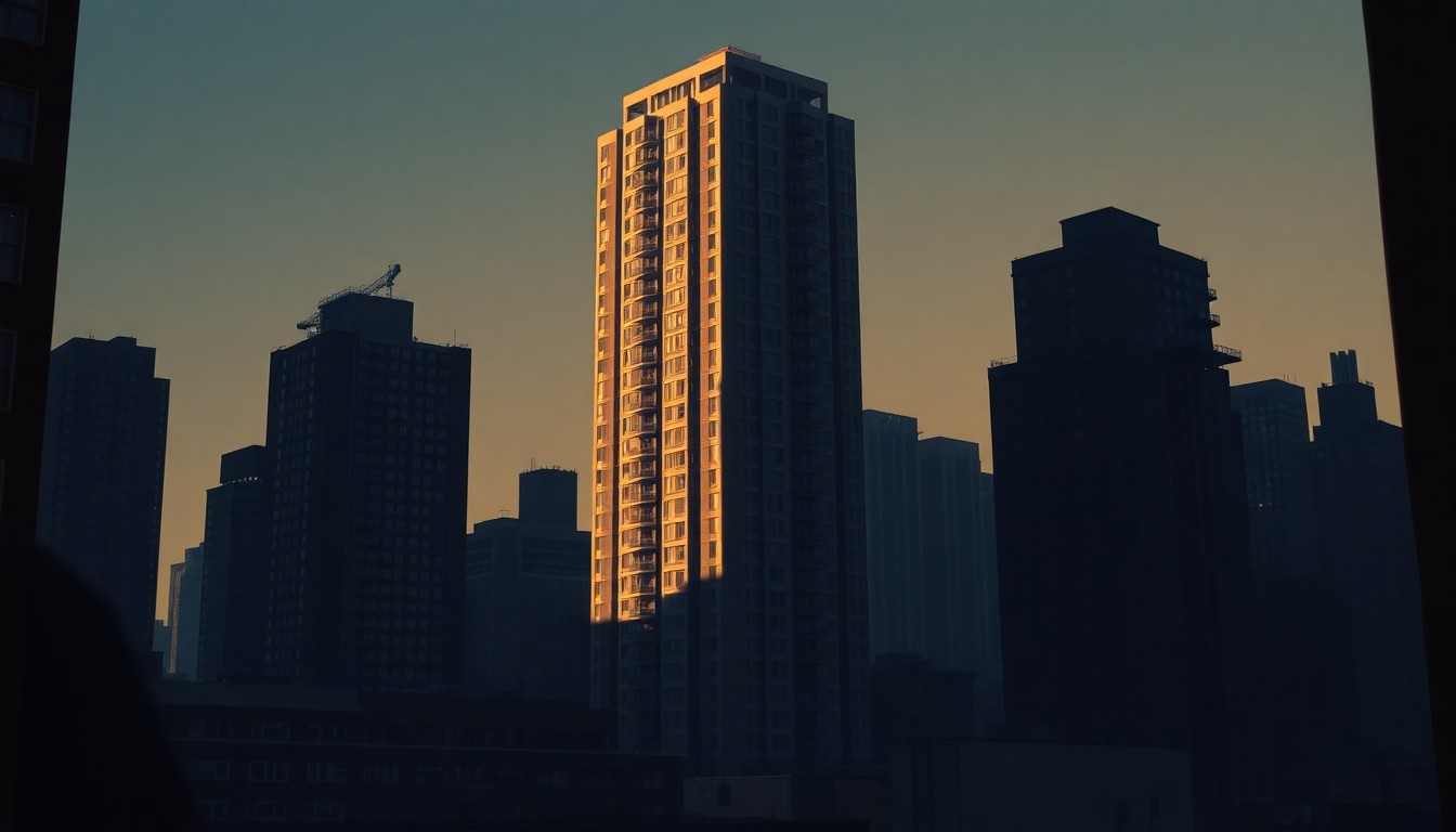 A serene, photorealistic painting of a towering luxury condominium building in New York City, with warm sunlight casting long shadows across the facade, conceptually representing the high-stakes debate over taxing the city's ultrawealthy.