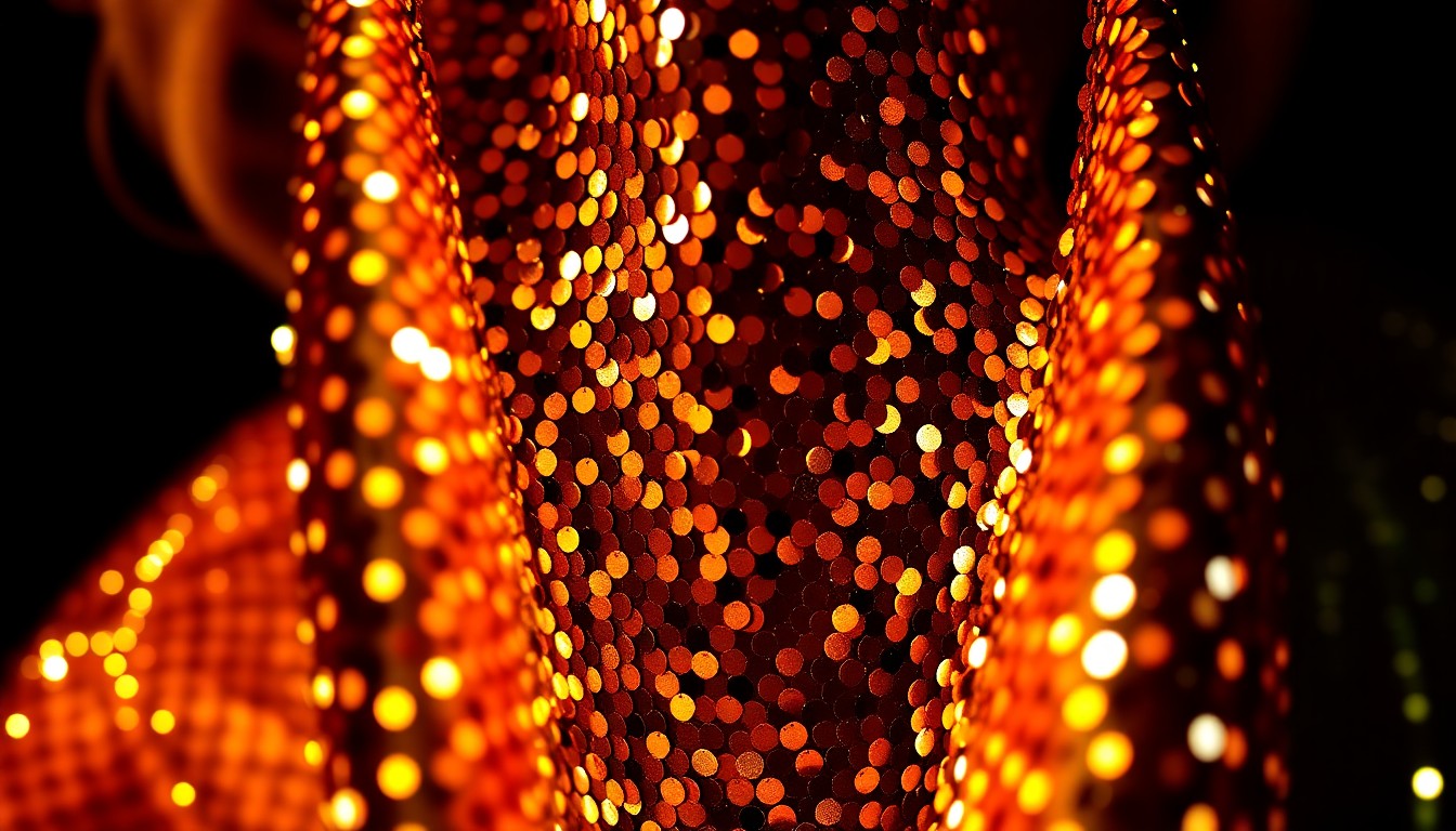 An abstract close-up photograph featuring a shimmering field of sequins illuminated by dramatic studio lighting, conveying the high-fashion glamour associated with Madonna's iconic persona.