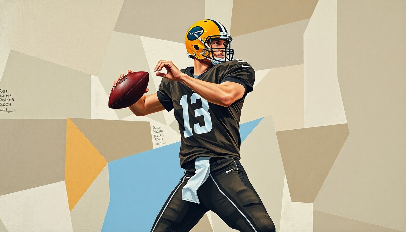 A fractured, geometric painting depicting a quarterback's dropback, with sharp planes of brown, gray, and blue overlapping to create a dynamic, abstract composition.