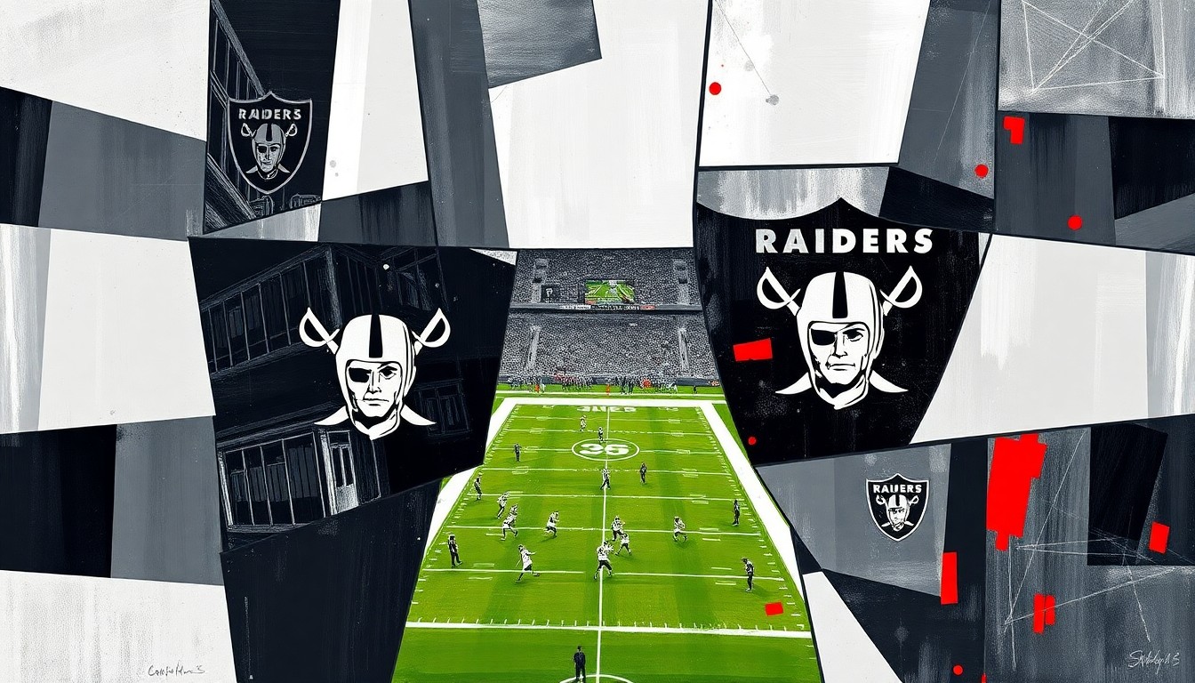A cubist, geometric painting depicting fragmented, overlapping shapes and planes in the official colors of the Las Vegas Raiders, representing the complex decision-making process the team faces in the upcoming NFL Draft.