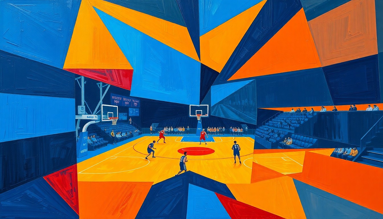 A fragmented, geometric painting depicting a basketball game, with sharp planes of color and overlapping perspectives, capturing the intensity and energy of the competition.