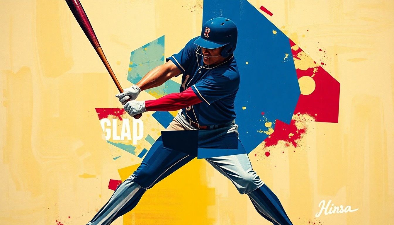 A cubist-style painting featuring sharp, overlapping geometric shapes in navy, red, and yellow, conceptually representing the motion and energy of a baseball player.