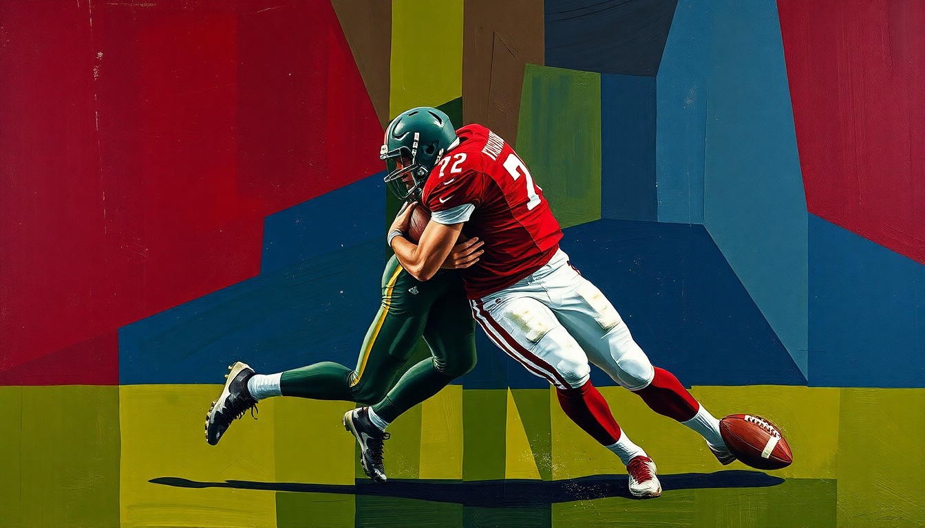 A cubist-style painting depicting a football player in mid-tackle, their body broken down into sharp, overlapping geometric shapes in a palette of maroon, navy, and olive, conveying the violent physicality of the sport.
