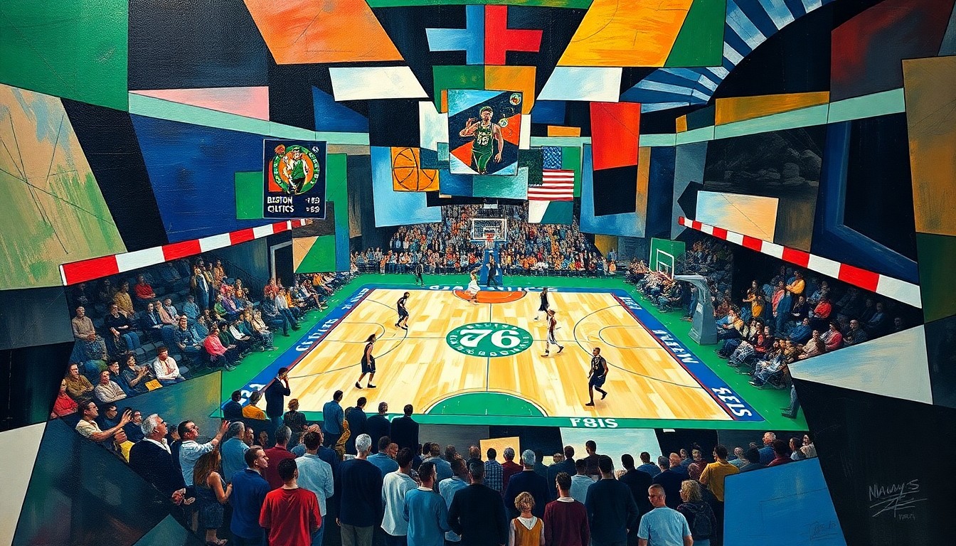 A fractured, multi-perspective painting that breaks down a basketball game between the Boston Celtics and Philadelphia 76ers into sharp, overlapping geometric planes in a cubist style, capturing the intensity and physicality of the playoff matchup.