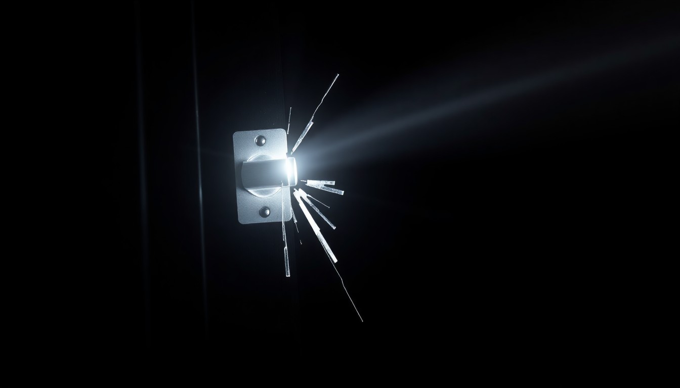 An extreme close-up photograph of a broken window lock, capturing the stark, gritty, and investigative aesthetic of the crime scene.