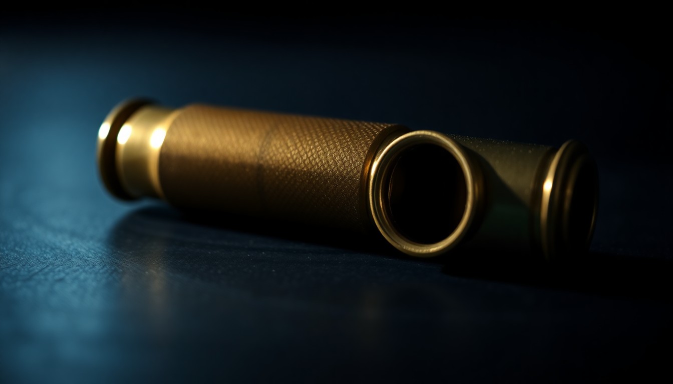 An extreme close-up of a single bullet casing reflecting a bright flash of light, conceptually illustrating the violence and tragedy of the murder-suicide incident.