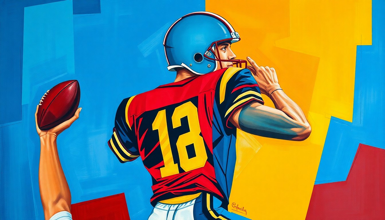 A cubist-style painting depicting a quarterback in the midst of a passing play, with the figure broken down into sharp, overlapping geometric shapes in a vibrant color palette, conveying the dynamic energy of the sport.