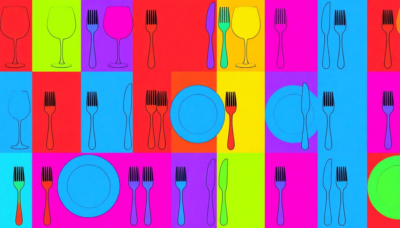 A high-contrast, silkscreen-style illustration featuring a repeating grid of a single, iconic dining item such as a wine glass or plate, rendered in bright, unnatural neon colors with heavy black outlines, conceptually representing the energy and excitement of a culinary marathon through New York City's top restaurants.