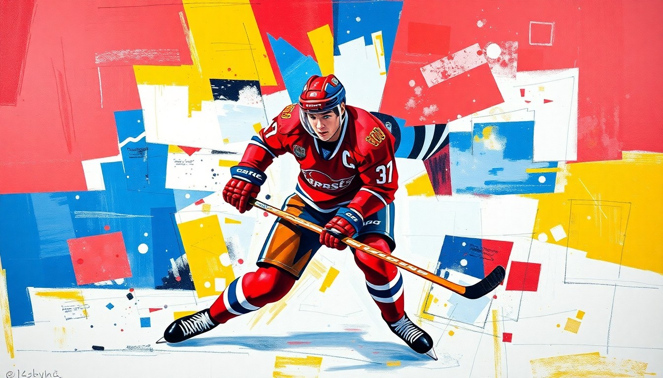 A cubist, geometric painting depicting a hockey defenseman in action, with sharp, overlapping planes of vibrant red, blue, and yellow colors.