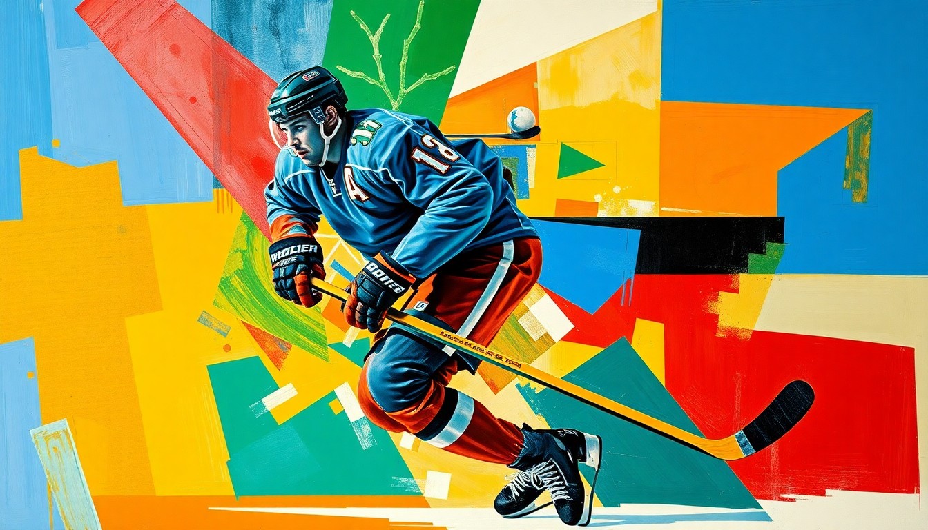 A cubist, geometric painting depicting a hockey player in action, with sharp, overlapping planes of blue, green, and red colors creating a dynamic, fragmented visual representation of the sport.